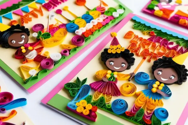 Cartões Temáticos em Quilling para Festas Infantis com Personagens
