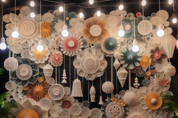 Painéis de Quilling para Decoração de Festas com Efeitos de Luz e Sombra em Ambientes Noturnos