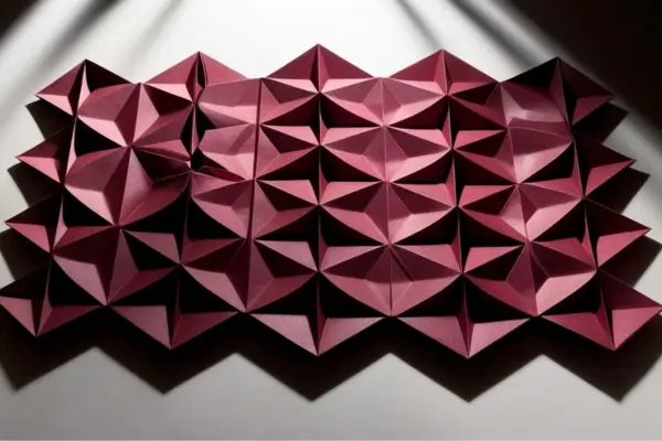Close-up de uma Origami Tessellation complexa, mostrando um padrão geométrico repetitivo com dobras precisas e textura 3D, ilustrando as técnicas de criação em papel abordadas no artigo.